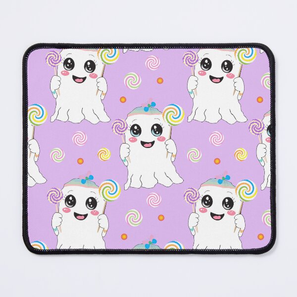 Item preview, Pattern of cartoon ghosts holding colorful swirled lollipops, each wearing a bow on their head designed and sold by CreativebyTKK.