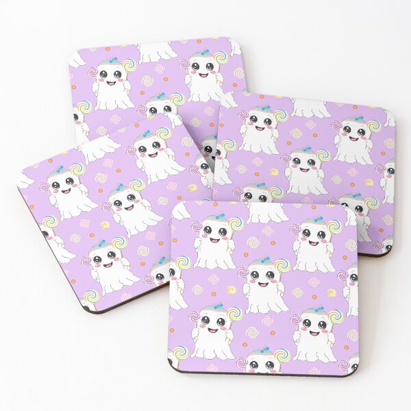 Item preview, Pattern of cartoon ghosts holding colorful swirled lollipops, each wearing a bow on their head designed and sold by CreativebyTKK.
