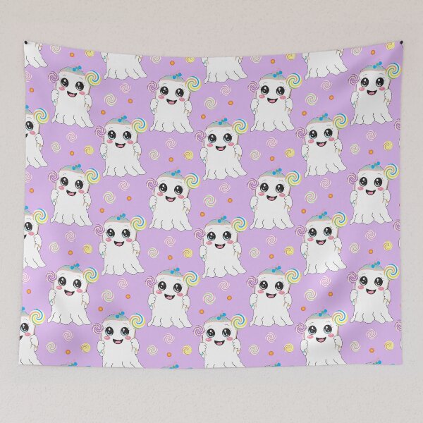 Item preview, Pattern of cartoon ghosts holding colorful swirled lollipops, each wearing a bow on their head designed and sold by CreativebyTKK.