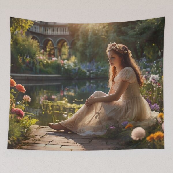 Aperçu de l'œuvre Victorian Woman by the Garden Pond Artprint créée et vendue par BlareBlare.