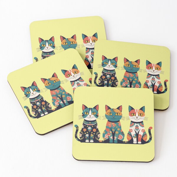 Item preview, Black, Green, and White Cats with Floral Japanese Patterns designed and sold by LEO'S CREATURE　れおずくりーちゃー.