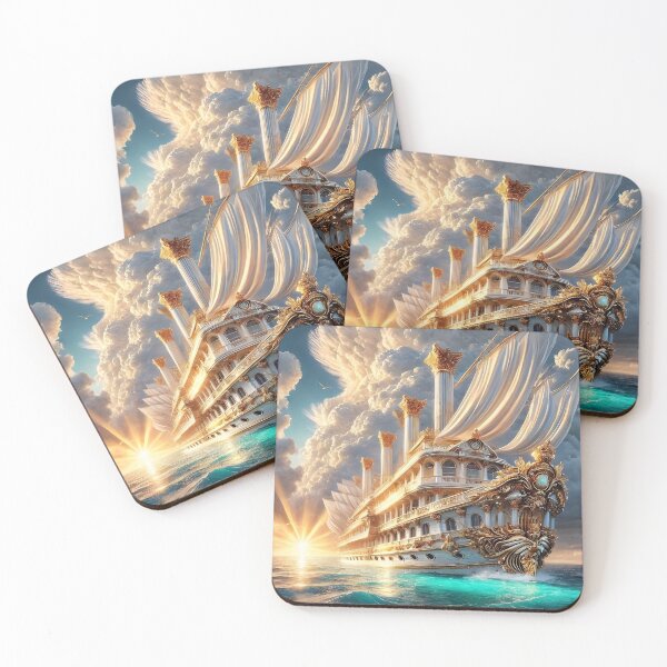 Item preview, Roman-inspired ship majestically floating on the serene ocean with warm sunrise designed and sold by DreamagineArtDesign.