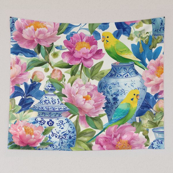 Item preview, Preppy, grandmillennial watercolor with budgies in chinoiserie garden with peonies and blue and white ginger jars designed and sold by SophieClimaArt.