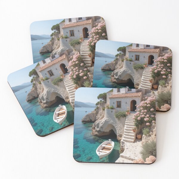 Item preview, Mediterranean Cliffside House Poster with Turquoise Waters and Pink Flowers designed and sold by AlexeyevZurga.