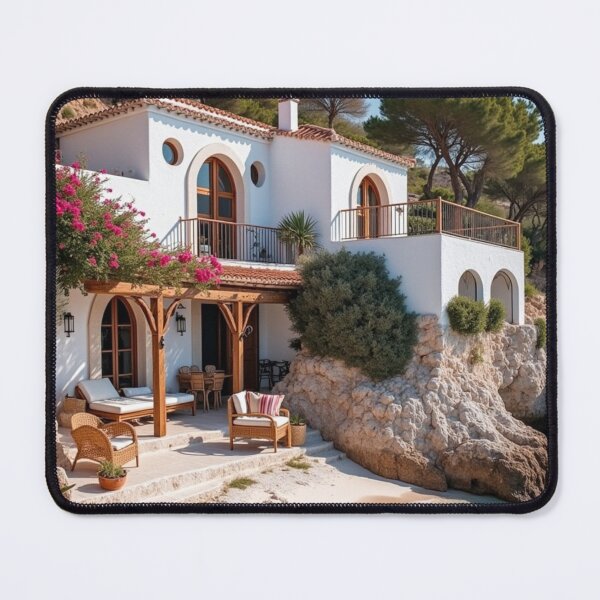 Item preview, Mediterranean Cliffside House with Turquoise Ocean View – Coastal Wall Art Print designed and sold by AlexeyevZurga.