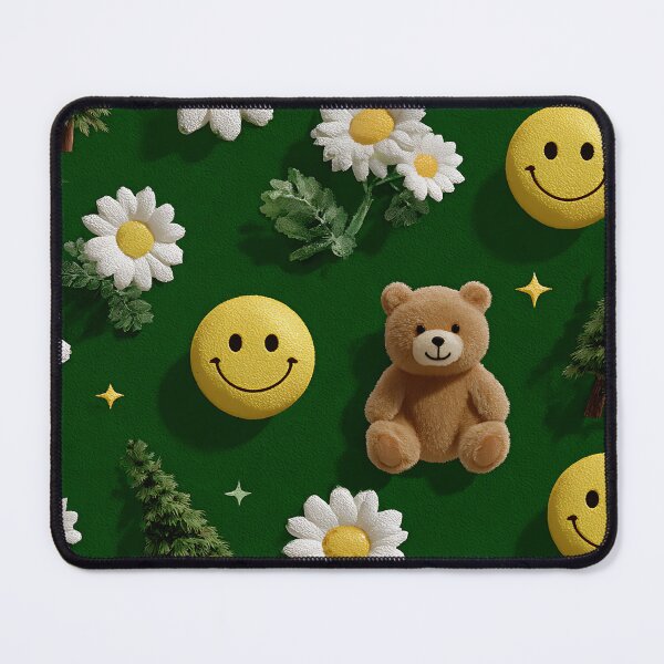 Item preview, Retro Forest Green Background with Smiley Faces, Teddy Bears, Daisies, and Rainbow Stripes designed and sold by LETSGOPICNIC.