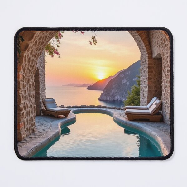 Item preview, Mediterranean Cliffside Infinity Pool at Sunset – Coastal Wall Art Print designed and sold by AlexeyevZurga.