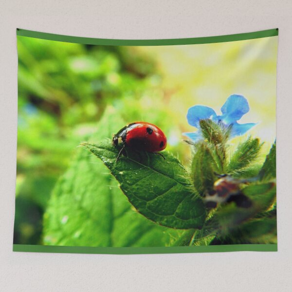 Item preview, Ladybug on Green Leaf with Blue Flower designed and sold by pixelandpine.