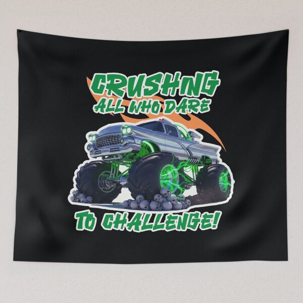 Item preview, Monster Truck Crushing Skulls with Green Neon Glow and Flaming Streaks designed and sold by SplashTastic.