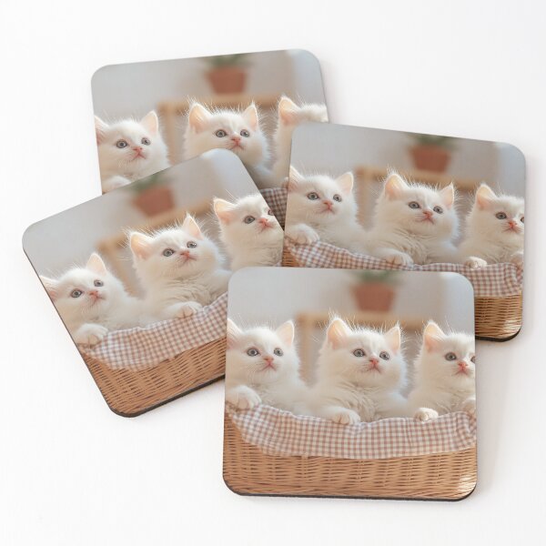 Item preview, Three White Kittens in Wicker Basket with Checkered Linen – Cozy Cottage Room designed and sold by LETSGOPICNIC.