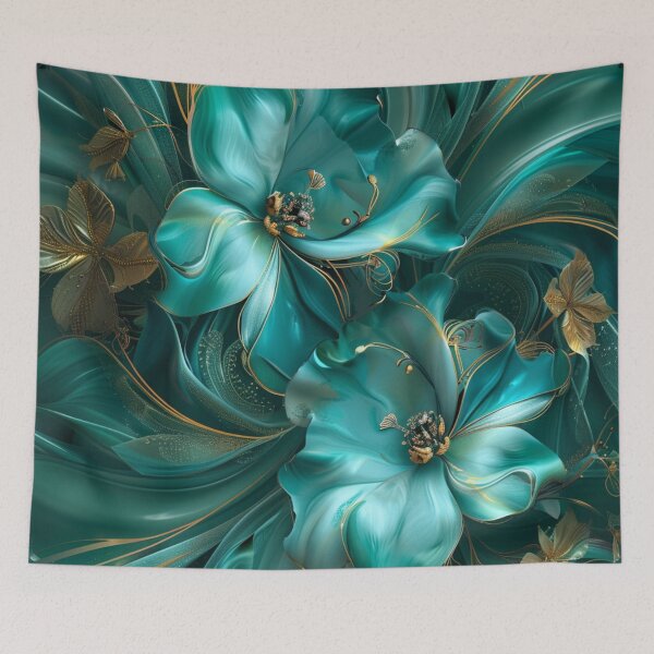Item preview, Luxury Teal Floral Art – Elegant Abstract Flower Design with Gold Accents designed and sold by MiraLumeStudio.