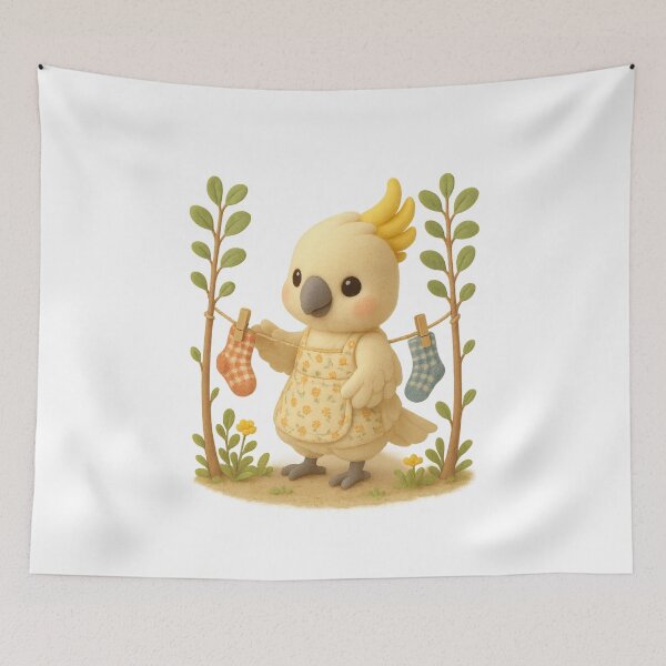Item preview, Cute Cockatoo in Floral Apron Hanging Gingham Socks  - Cute Australian Cottagecore 3D Art designed and sold by Moons Studio.