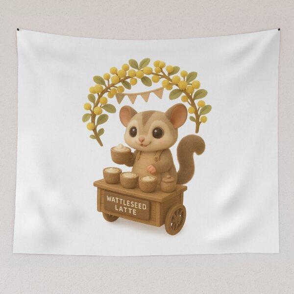 Item preview, Cute Sugar Glider Barista Serving Wattleseed Latte  - Cute Australian Cottagecore 3D Art designed and sold by Moons Studio.