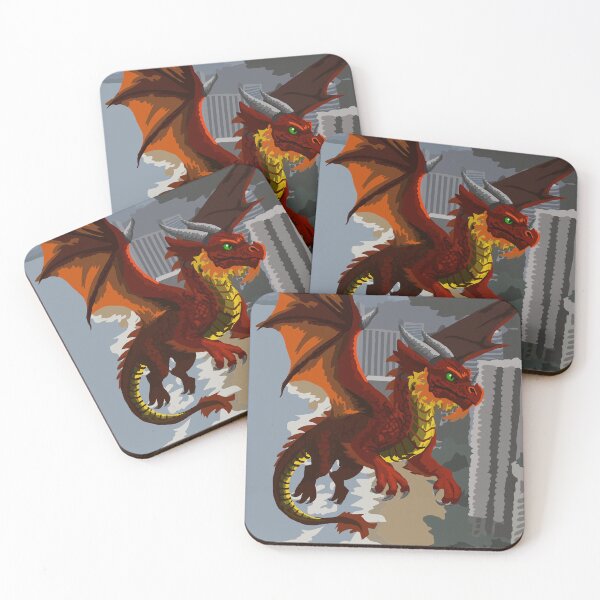 Item preview, Red Dragon In Flight Over Modern Beachfront City designed and sold by KlakkDrawsStuff.