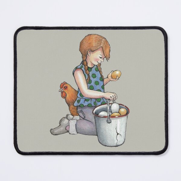 Item preview, Gathering Eggs, Drawing of Young Girl with Chicken and Pail of Eggs designed and sold by JoyfulWhimsy.