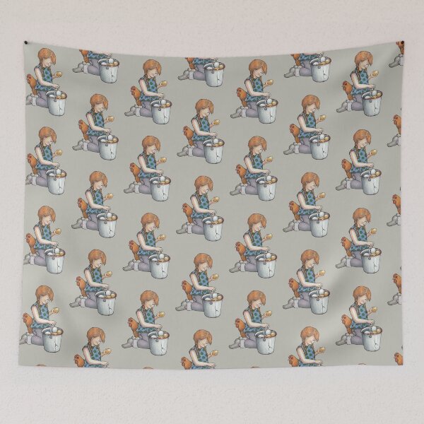 Item preview, Gathering Eggs, Drawing of Young Girl with Chicken and Pail of Eggs designed and sold by JoyfulWhimsy.