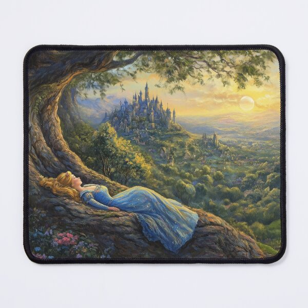 Item preview, Blonde Princess Sleeping on Tree Roots with a Magical Castle – Enchanted Fairytale Art designed and sold by baggycatsworld.