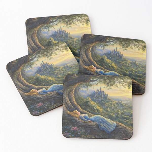 Item preview, Blonde Princess Sleeping on Tree Roots with a Magical Castle – Enchanted Fairytale Art designed and sold by baggycatsworld.