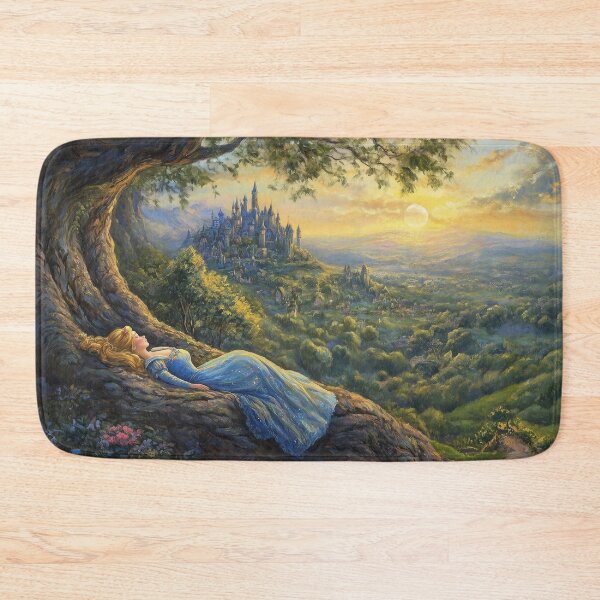 Item preview, Blonde Princess Sleeping on Tree Roots with a Magical Castle – Enchanted Fairytale Art designed and sold by baggycatsworld.