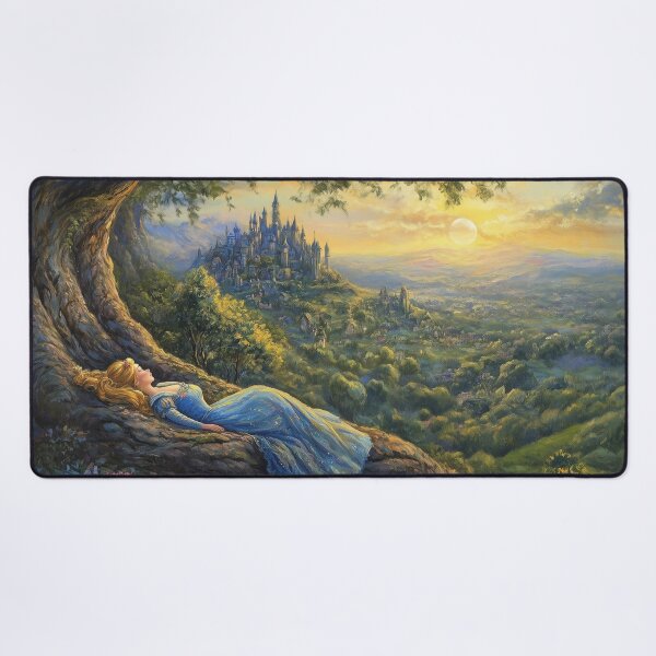 Item preview, Blonde Princess Sleeping on Tree Roots with a Magical Castle – Enchanted Fairytale Art designed and sold by baggycatsworld.