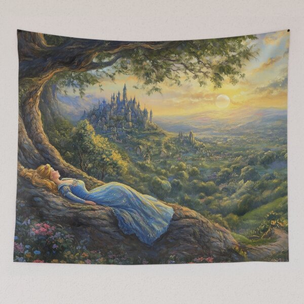 Item preview, Blonde Princess Sleeping on Tree Roots with a Magical Castle – Enchanted Fairytale Art designed and sold by baggycatsworld.