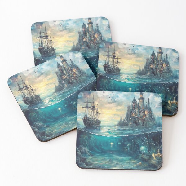 Item preview, Magical Ship on the Water with Castle Above and Enchanted Seascape Below – Fantasy Art designed and sold by baggycatsworld.