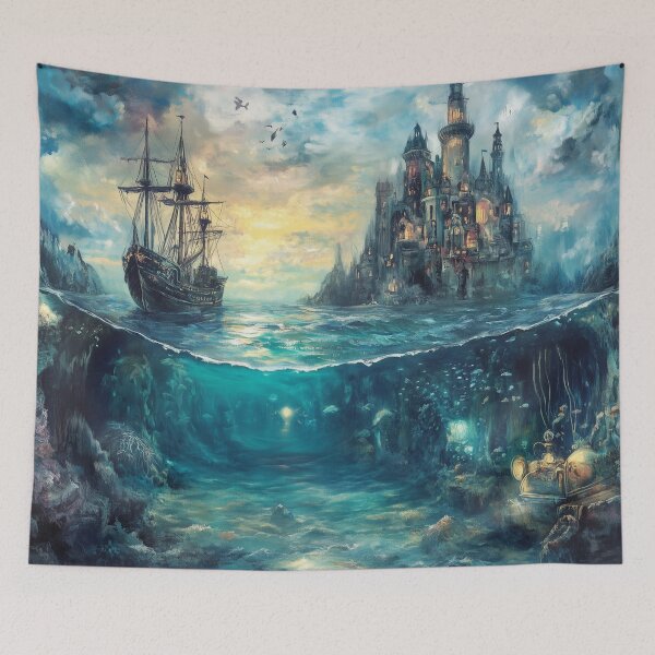 Item preview, Magical Ship on the Water with Castle Above and Enchanted Seascape Below – Fantasy Art designed and sold by baggycatsworld.