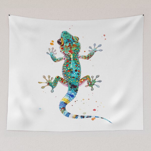 Item preview, Spotted gecko crawling upwards - turquoise red blue designed and sold by LiskoDesign.