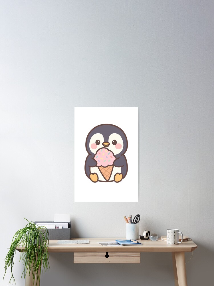 Kawaii Penguin with Ice Cream and Sprinkles – Cute Pastel Animal Art Poster