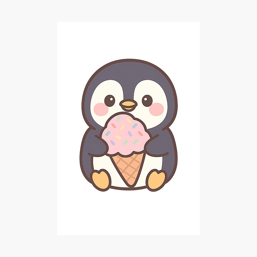 Kawaii Penguin with Ice Cream and Sprinkles – Cute Pastel Animal Art Poster