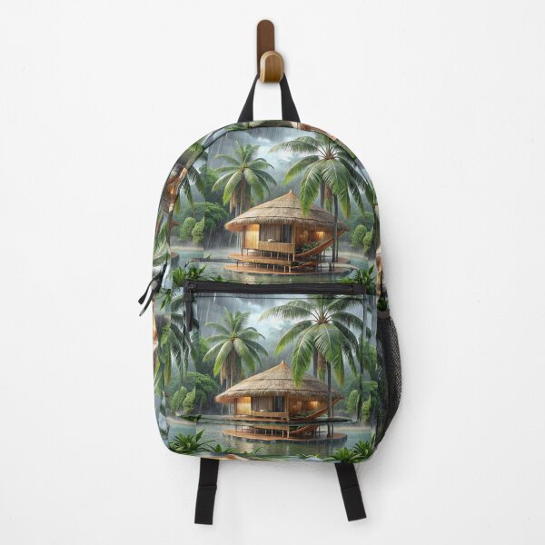 Item preview, Serene Tropical Rainstorm Retreat with Thatched Hut and Palm Trees - Nature Inspired Art designed and sold by Motifai.