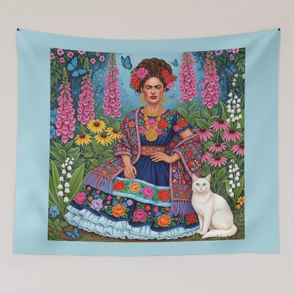 Item preview, Frida Kahlo Inspired Portrait with Cat and Lupine Flowers designed and sold by TeeARTHY.