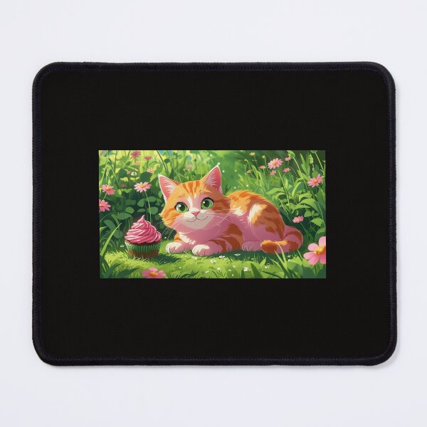 Item preview, Pink and orange cat in green field with cupcake designed and sold by The Pink & Orange Shop.