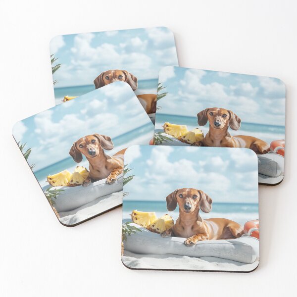 Item preview, Brown Dachshund with Lifebuoy and Pineapple Relaxing on Beach designed and sold by LETSGOPICNIC.