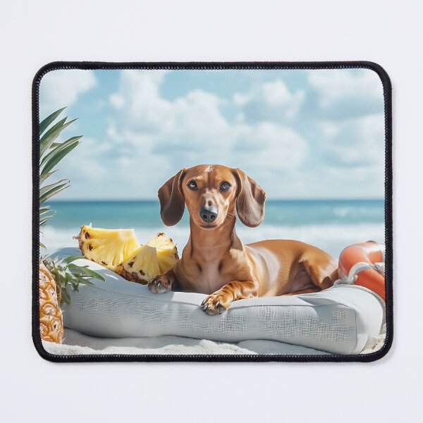 Item preview, Brown Dachshund with Lifebuoy and Pineapple Relaxing on Beach designed and sold by LETSGOPICNIC.