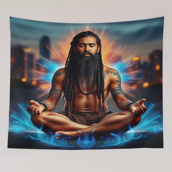 Item preview, "Meditative Shaman – Spiritual and Tribal Art with Mystical Energy and Urban Skyline" designed and sold by Ralek.