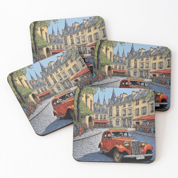 Item preview, Vintage Orange Classic Car in French Square – Retro City Illustration by NegarTv Designs designed and sold by NegarTv Designs.