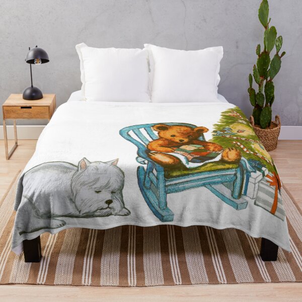 Item preview, Teddy Bear by the Christmas Tree with Sleeping Dog – Vintage Illustration designed and sold by Storybook-Illustrations.
