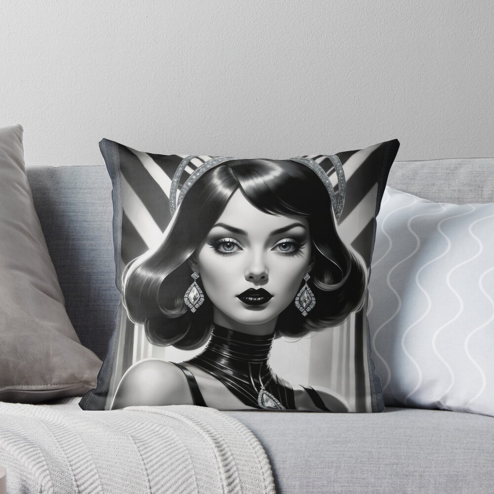 Art Deco Glamorous Portrait Of Illyanthe Veldora Stunning AI Concept Art by Xzendor7 Decorative Art Print Throw Pillow