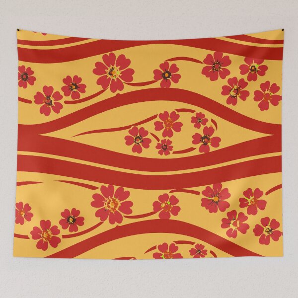 Item preview, OCEAN WAVES WITH CHERRY BLOSSOM - FLORAL YELLOW RED  designed and sold by trengeee.