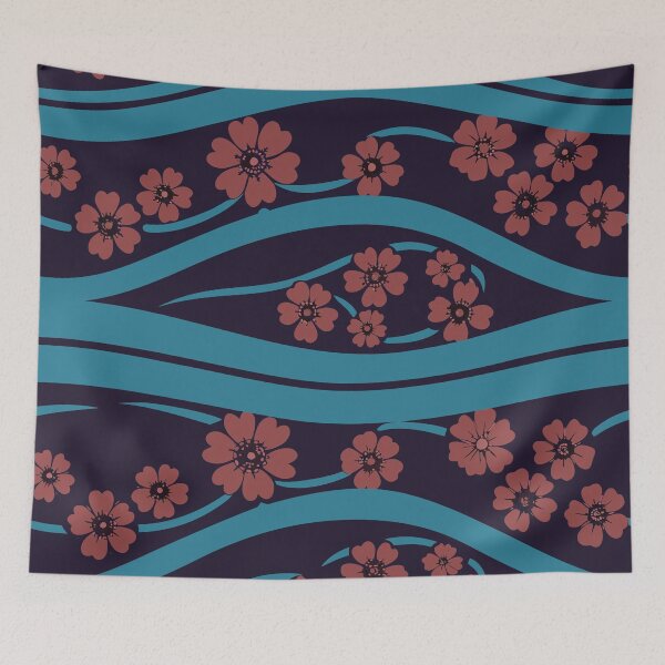 Item preview, OCEAN WAVES WITH CHERRY BLOSSOM - FLORAL red and blue designed and sold by trengeee.