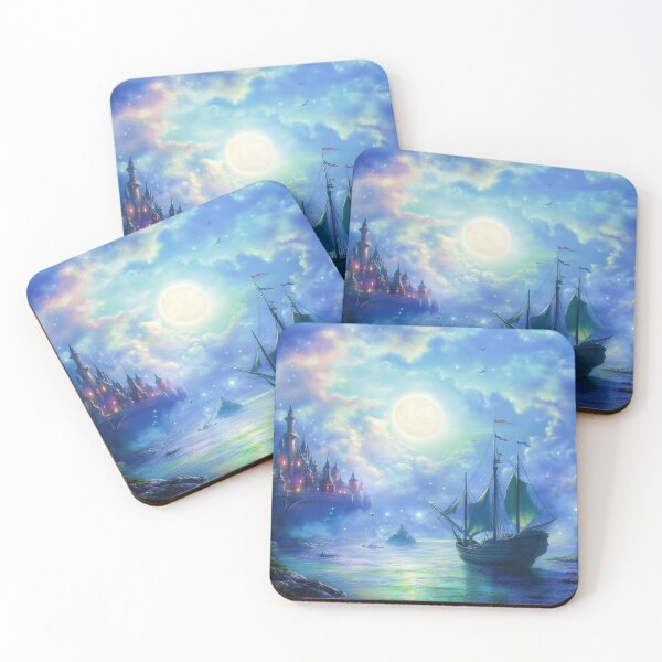 Item preview, Pirate Ship Docked by a Magical Castle at Night with Full Moon – Fantasy Adventure Art designed and sold by baggycatsworld.