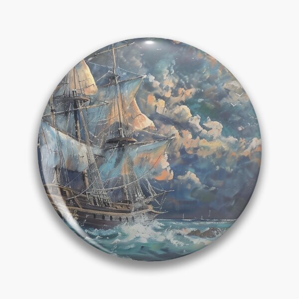 Item preview, Pirate Ship Sailing Near Rocky Shores in Rough Seas at Night – Dark Fantasy Adventure Art designed and sold by baggycatsworld.
