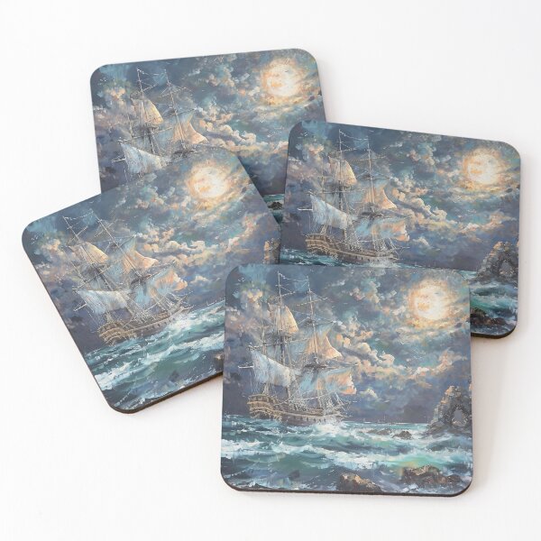 Item preview, Pirate Ship Sailing Near Rocky Shores in Rough Seas at Night – Dark Fantasy Adventure Art designed and sold by baggycatsworld.