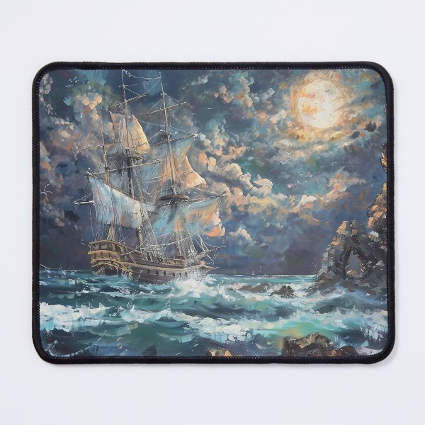 Item preview, Pirate Ship Sailing Near Rocky Shores in Rough Seas at Night – Dark Fantasy Adventure Art designed and sold by baggycatsworld.