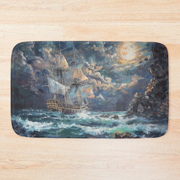 Item preview, Pirate Ship Sailing Near Rocky Shores in Rough Seas at Night – Dark Fantasy Adventure Art designed and sold by baggycatsworld.