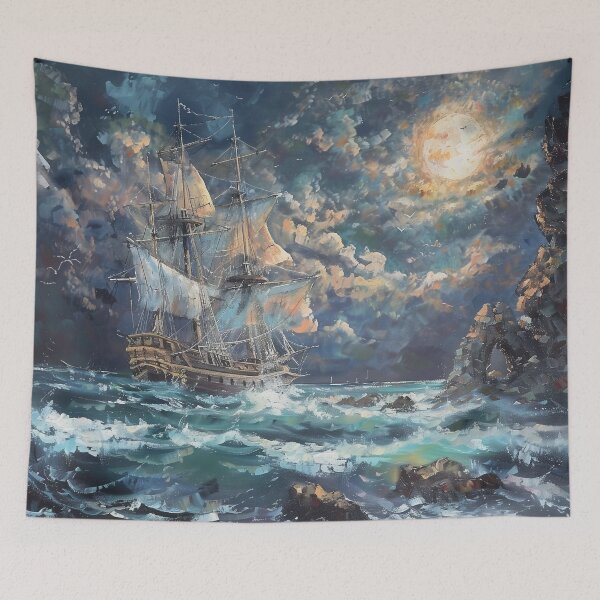Item preview, Pirate Ship Sailing Near Rocky Shores in Rough Seas at Night – Dark Fantasy Adventure Art designed and sold by baggycatsworld.