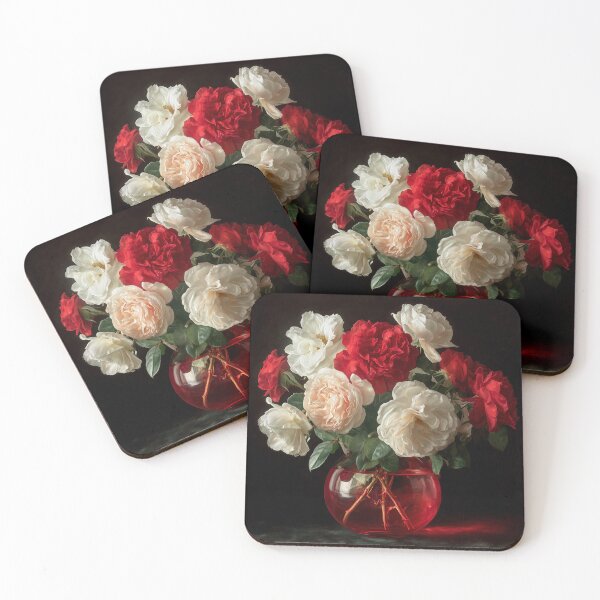 Artikelvorschau, Stillleben mit rotem und weißem Rosenstrauß – Blumen-Ölgemälde, Wandkunstdruck entworfen und verkauft von ArgentoArt.