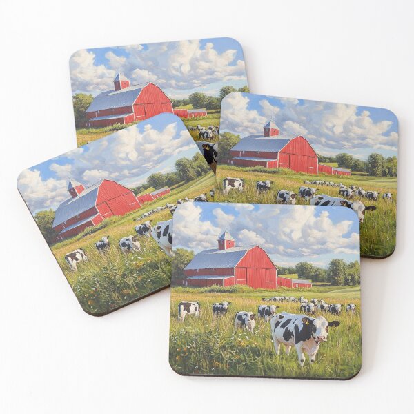 Item preview, Red Barn with Dairy Cows in Summer Meadow designed and sold by Myra365Art.