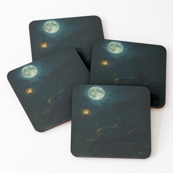 Item preview, Watcher in the Garden • Moonlit Cloaked Figure on Bench Under Gaslamp Glow designed and sold by fairmaiden7.